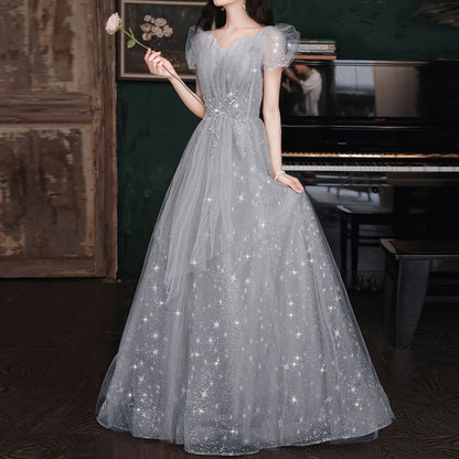 Puff-Sleeve Sweetheart Neckline Sequin Mesh A-Line Evening Gown