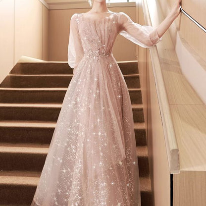 Sequin Panel Embroidered 3/4-Sleeve Evening Mesh Sweetheart Neckline Gown A-Line