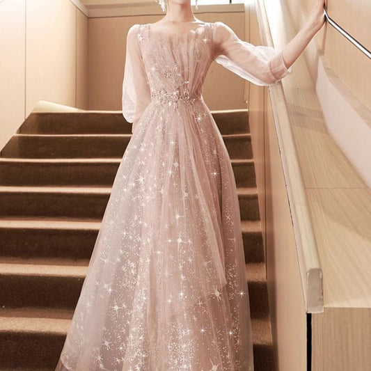 Sequin Panel Embroidered 3/4-Sleeve Evening Mesh Sweetheart Neckline Gown A-Line