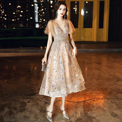 Short-Sleeve V-Neck Sequined A-Line Cocktail Dress (Various Designs)