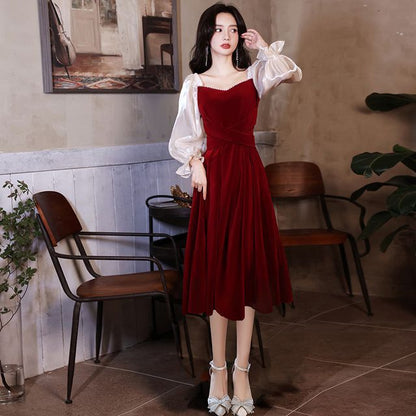 Puff-Sleeve Sweetheart-Neckline Two Tone A-Line Velvet Evening Gown (Various Designs)