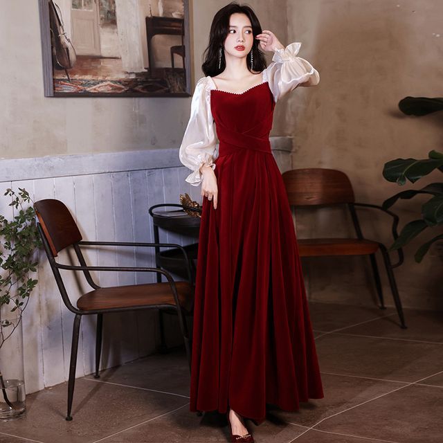 Puff-Sleeve Sweetheart-Neckline Two Tone A-Line Velvet Evening Gown (Various Designs)