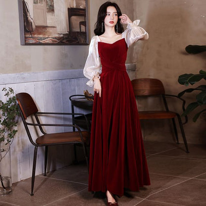 Puff-Sleeve Sweetheart-Neckline Two Tone A-Line Velvet Evening Gown (Various Designs)