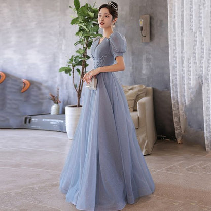 Puff-Sleeve V-Neck Sequined Floral A-Line Evening Gown