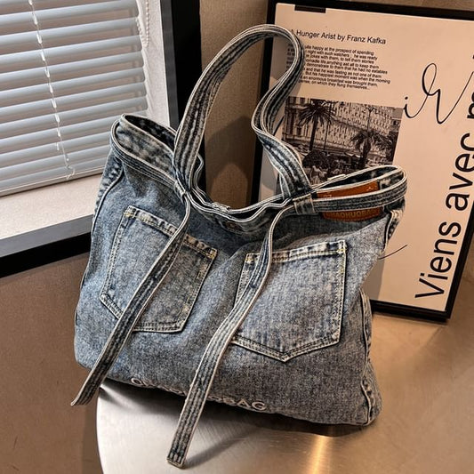 Lettering Washed Denim Tote Bag