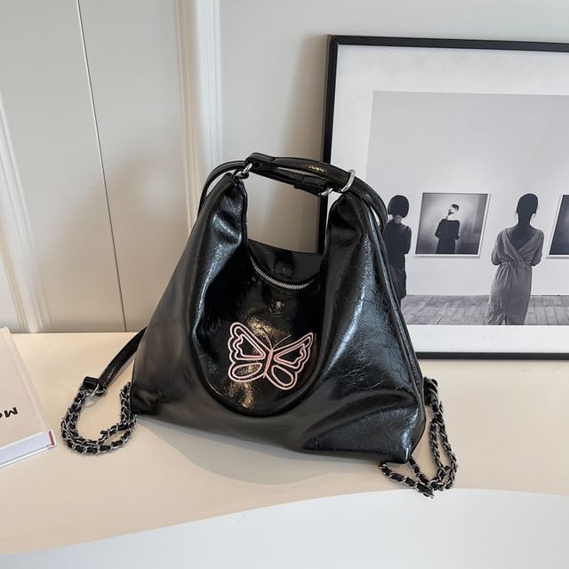 Butterfly Embroidered Faux Leather Crossbody Bag