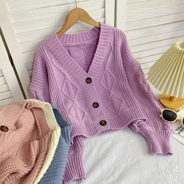 V-Neck Plain Button-Up Cable Knit Cardigan