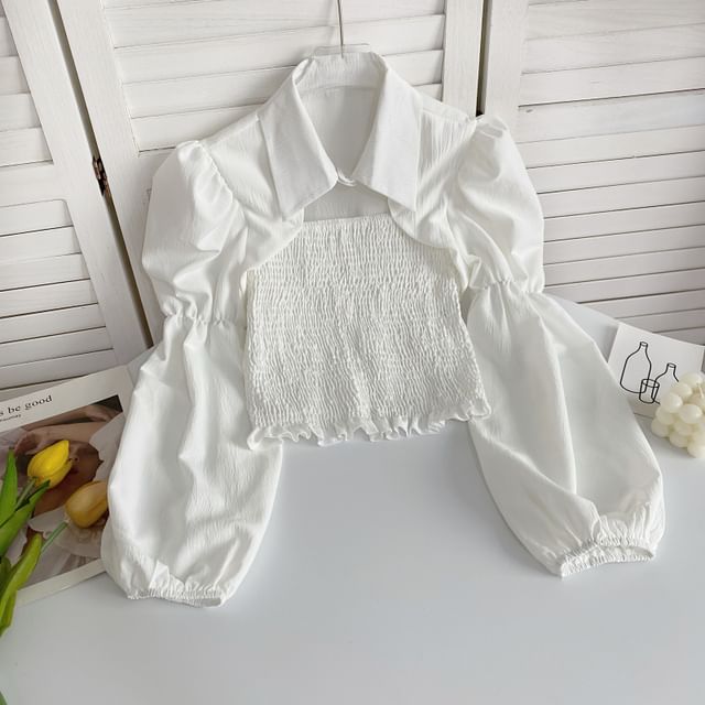 Puff-Sleeve Plain Smocked Shirred Blouse