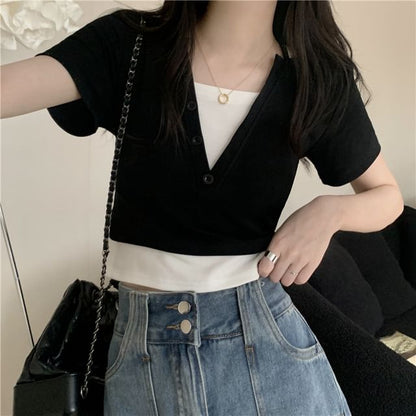 Short-Sleeve Top Halter Mock Two-Piece