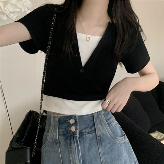 Short-Sleeve Top Halter Mock Two-Piece