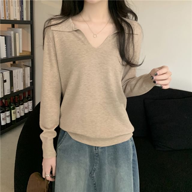 Long-Sleeve Collared Plain Knit Top