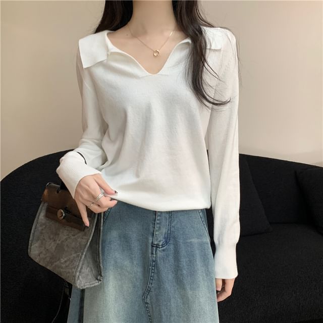 Long-Sleeve Collared Plain Knit Top