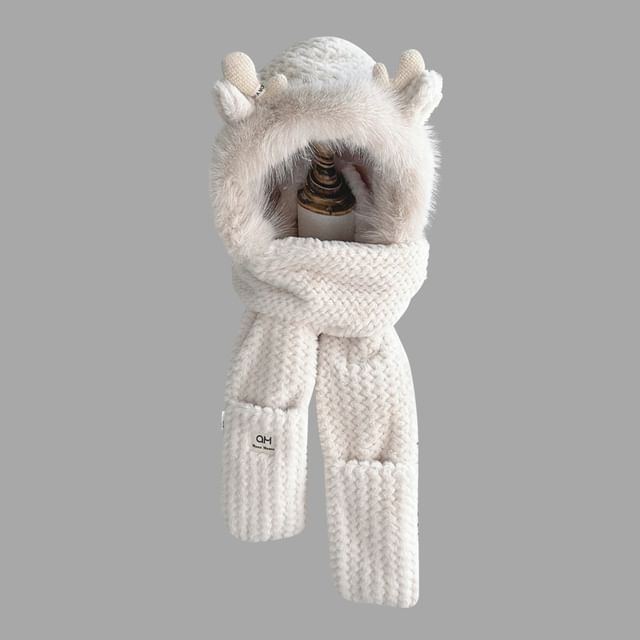 Deer Horn Chenille Knit Hooded Scarf with Mittens