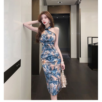 Halter Print Slit Midi Qipao