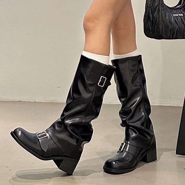 Buckled Chunky Heel Tall Boots