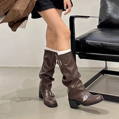 Buckled Chunky Heel Tall Boots