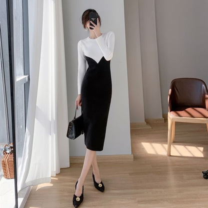 Long-Sleeve Crew Neck Two Tone Knit Midi Sheath Dress