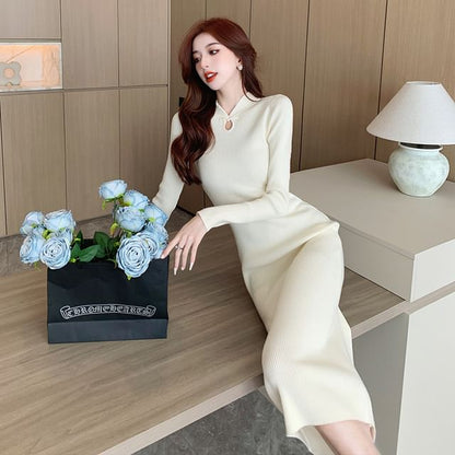 Long-Sleeve Stand Collar Plain Keyhole Ribbed Knit Midi Sheath Dress