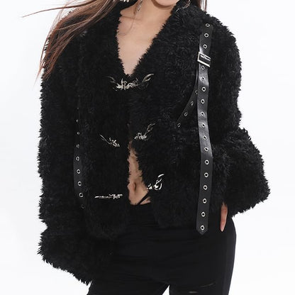 V-Neck Panel Faux Leather Buckle Teddy Jacket