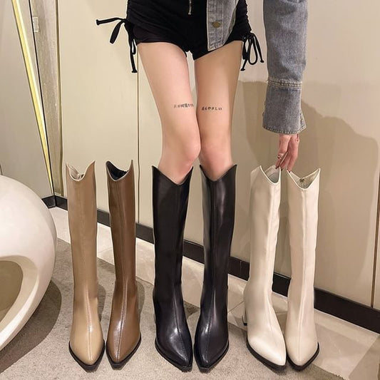 Chunky Heel Boots Pointy Tall Leather Faux