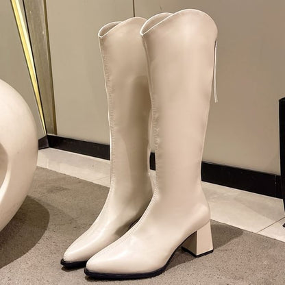 Chunky Heel Boots Pointy Tall Leather Faux