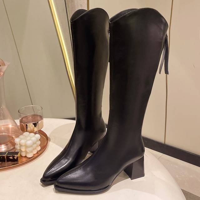 Chunky Heel Boots Pointy Tall Leather Faux