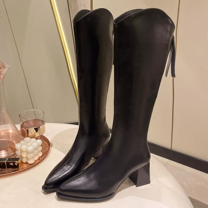 Chunky Heel Boots Pointy Tall Leather Faux