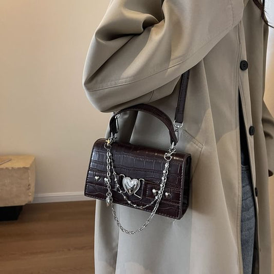 Croc Grain Heart Buckled Flap Crossbody Bag