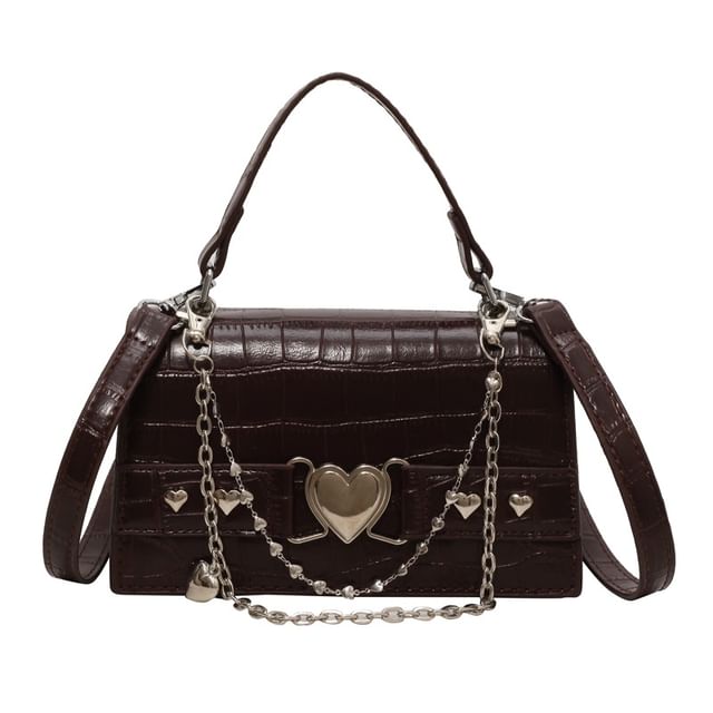 Croc Grain Heart Buckled Flap Crossbody Bag