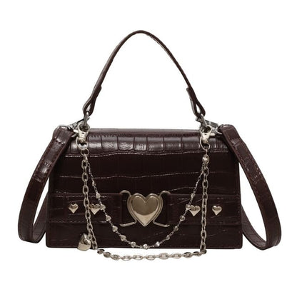 Croc Grain Heart Buckled Flap Crossbody Bag