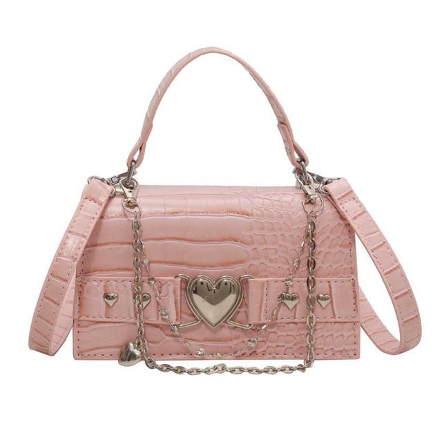 Croc Grain Heart Buckled Flap Crossbody Bag