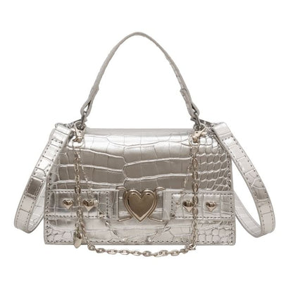 Croc Grain Heart Buckled Flap Crossbody Bag