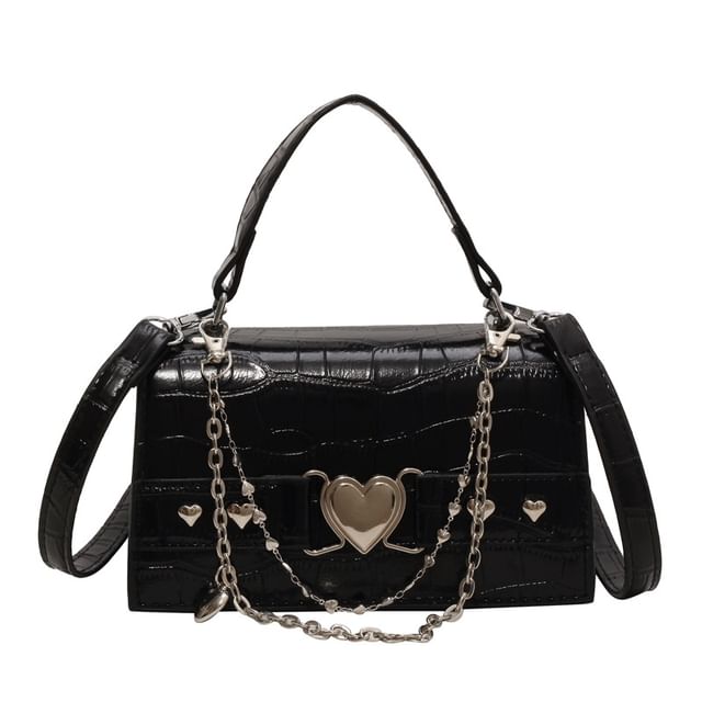 Croc Grain Heart Buckled Flap Crossbody Bag