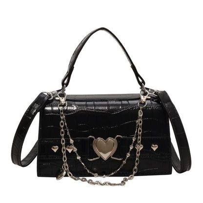 Croc Grain Heart Buckled Flap Crossbody Bag