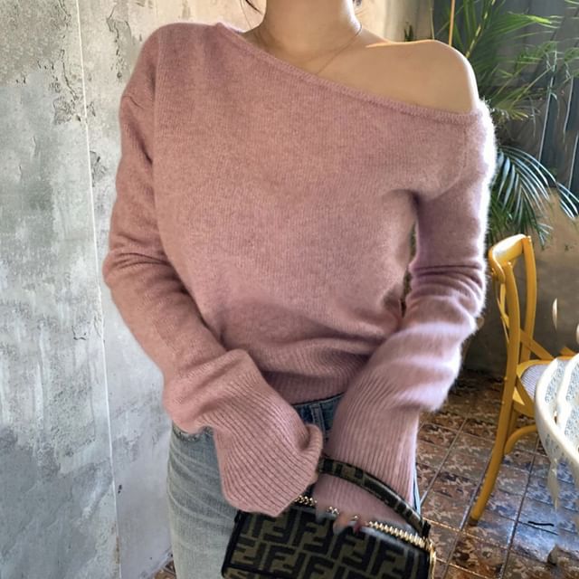 One-Shoulder Plain Sweater