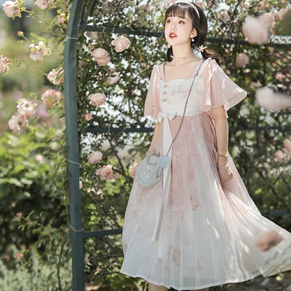 Lolita Kurzärmliges Midikleid in A-Linie mit quadratischem Ausschnitt und zweifarbigem Druck