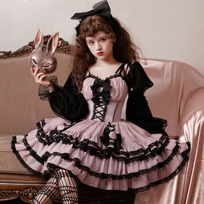 Lolita Langärmliges Minikleid in A-Linie mit quadratischem Ausschnitt und Spitzenbesatz / Krinoline / Set