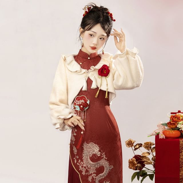 Qipao midi brodée Dragon Lolita sans manches / Veste courte à volants / Ensemble