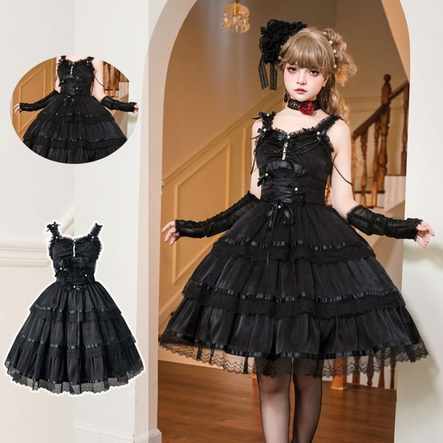 Spaghetti Strap V-Neck Ruffle Trim  Tiered A-Line Dress / Gloves / Set