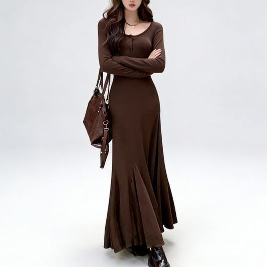 Henley Long Sleeve Mermaid Maxi Dress