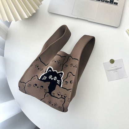Cat Print Knit Tote Bag