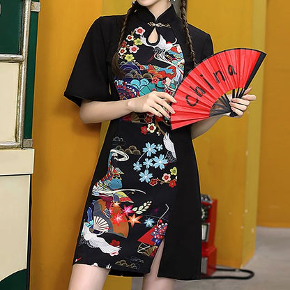 Short-Sleeve Floral Print Mini Qipao