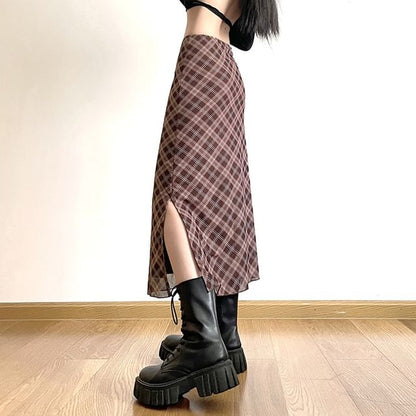 Mid Waist Plaid Midi A-Line Skirt