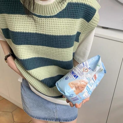 Striped Vest Sleeveless Neck Round Knit