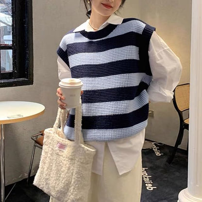 Striped Vest Sleeveless Neck Round Knit