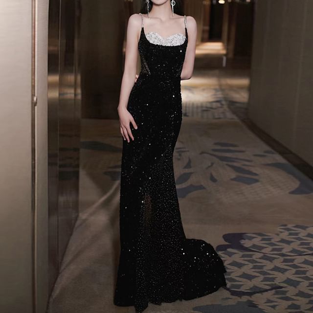 Accent Rhinestone Gown Open Evening Spaghetti Neckline Two Strap Mermaid Back Sweetheart Trained Tone Sequin