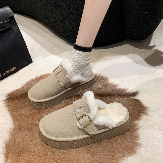 Buckled Fleece-Lined Platform Mules