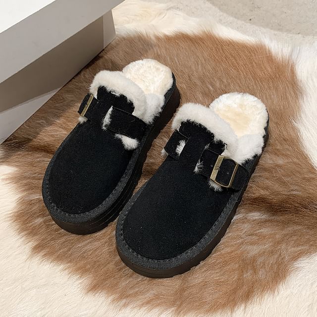 Buckled Fleece-Lined Platform Mules