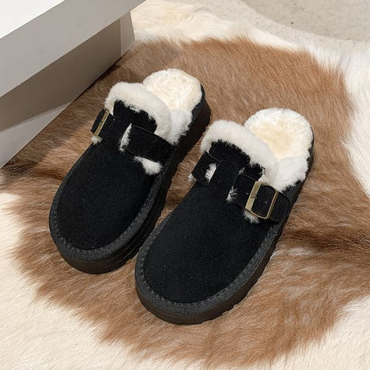 Buckled Fleece-Lined Platform Mules