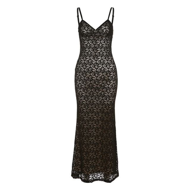 Lace V-Neck Sheath Maxi Dress with Thin Straps